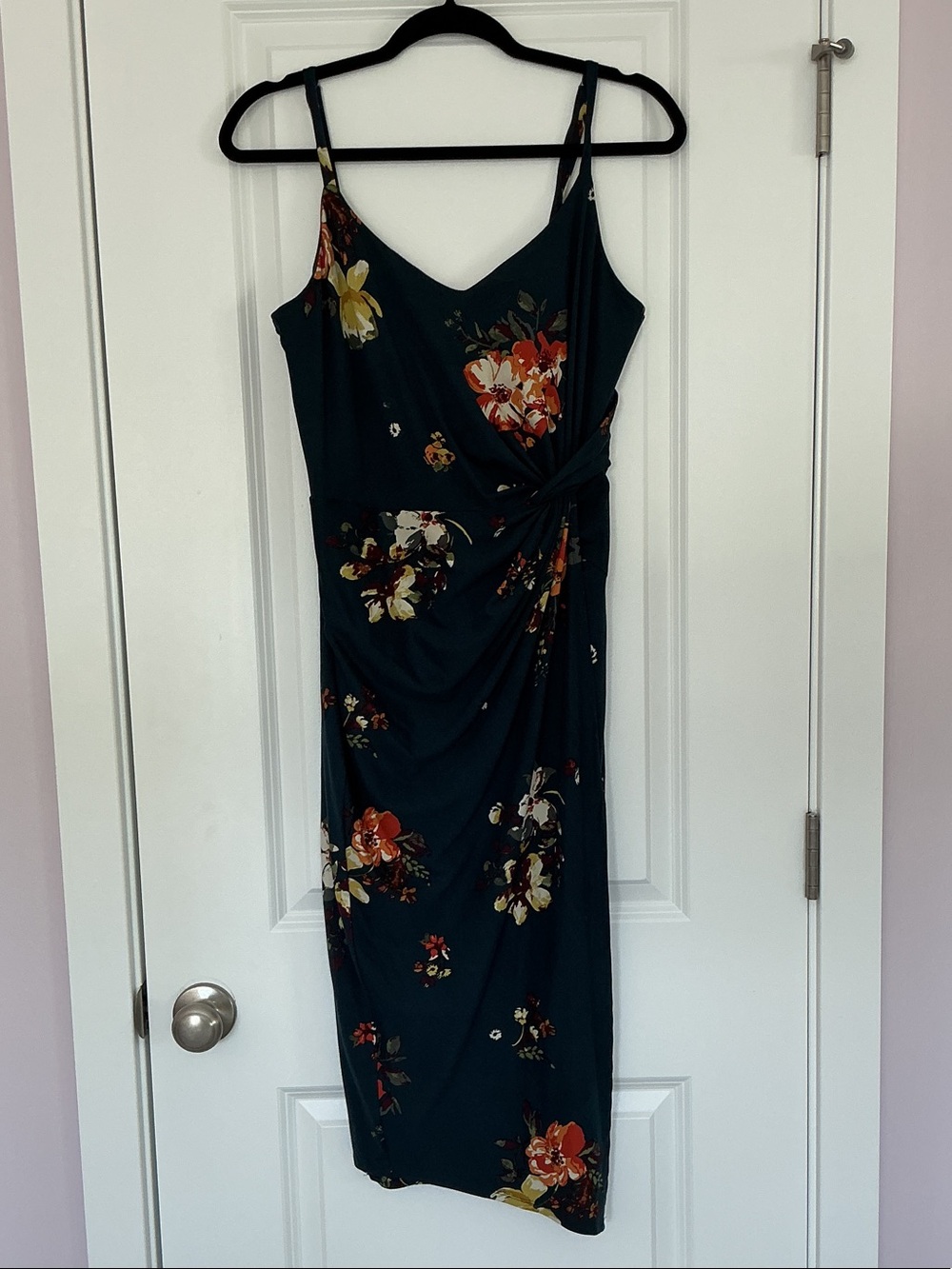 nine britton Dark Teal Floral Midi Dress with Twist Front